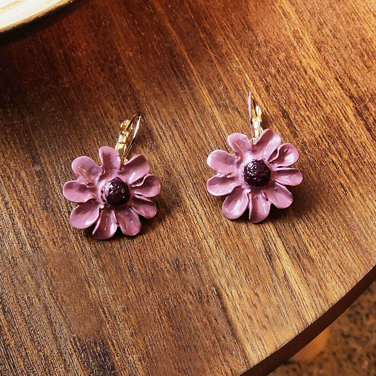 Wholesale purple enamel 3D flower with french hook earrings (5 pairs)