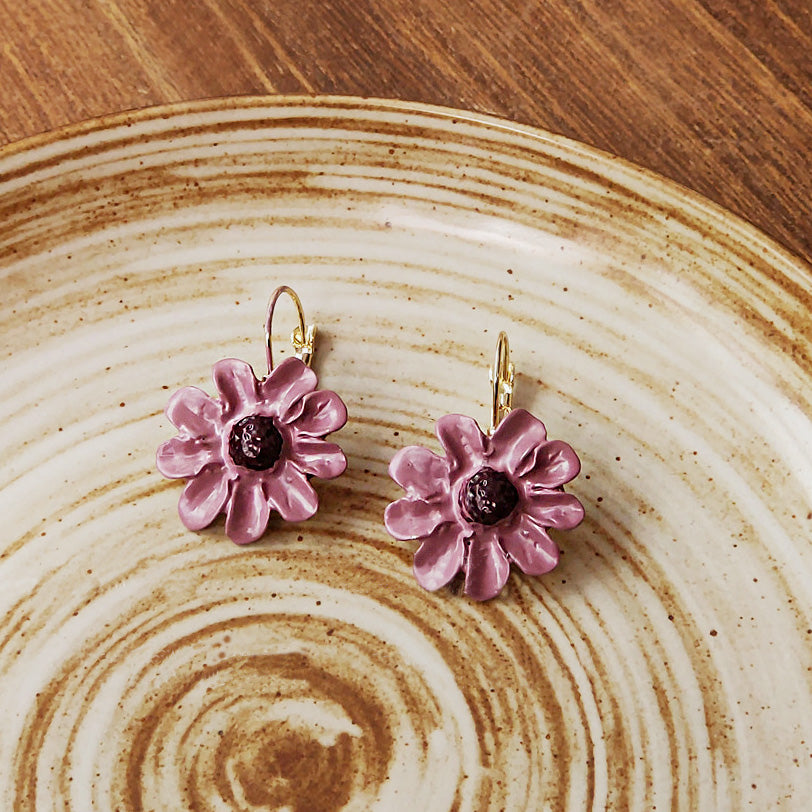 Wholesale purple enamel 3D flower with french hook earrings (5 pairs)