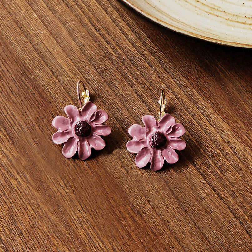 Wholesale purple enamel 3D flower with french hook earrings (5 pairs)