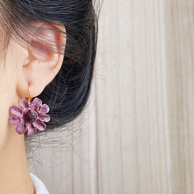 Wholesale purple enamel 3D flower with french hook earrings (5 pairs)