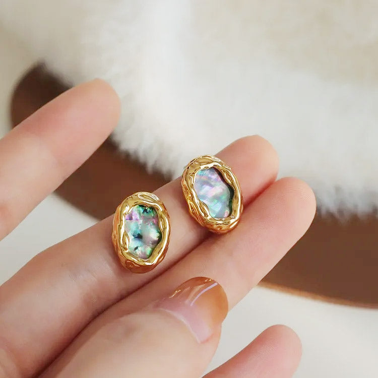 14k gold plated oval abalone shell stud earrings (5 pairs)