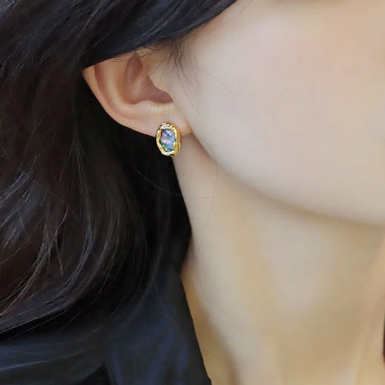 14k gold plated oval abalone shell stud earrings (5 pairs)