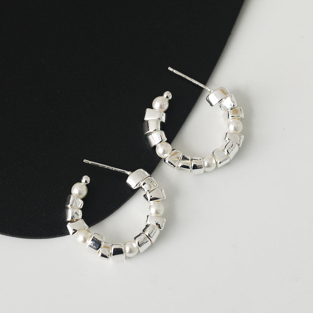 silver small square beads with pearl C hoop earrings (5 pairs)