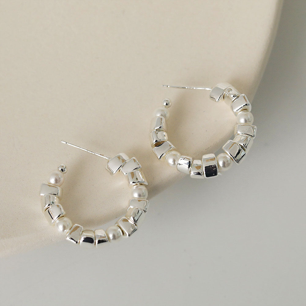 silver small square beads with pearl C hoop earrings (5 pairs)