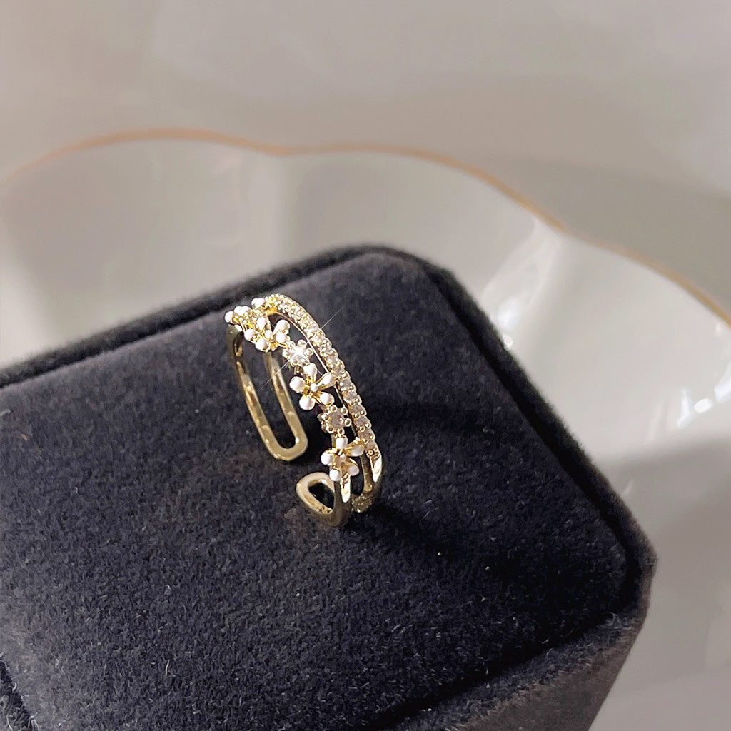 14k gold plated white enamel daisy flower with zircon double layered open finger rings Set of 5