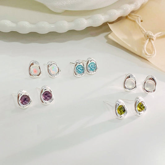 925 sterling silver colored opal stone irregular shape stud earrings (5 pairs)