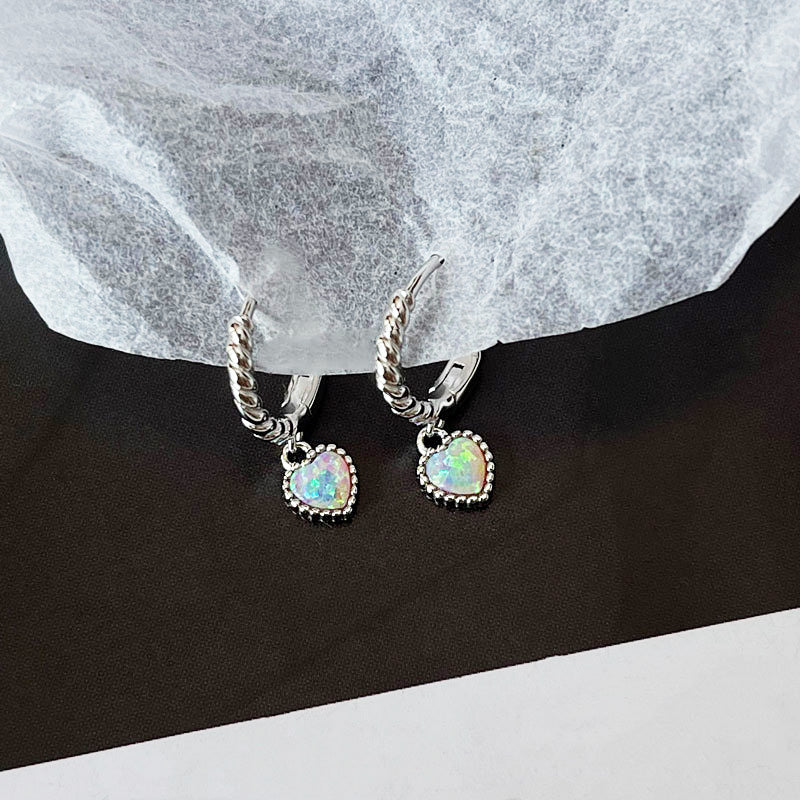 925 sterling silver opal stone heart hinged huggie hoop earrings (5 pairs)