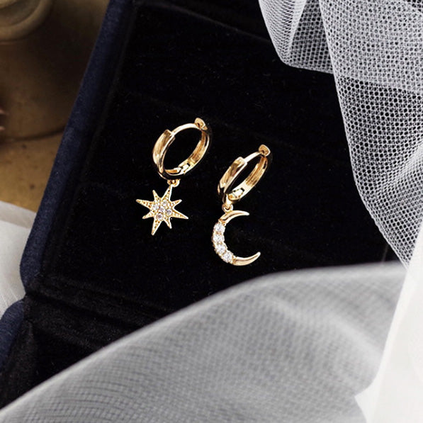925 sterling silver star moon huggie hoop earrings (5 pairs)