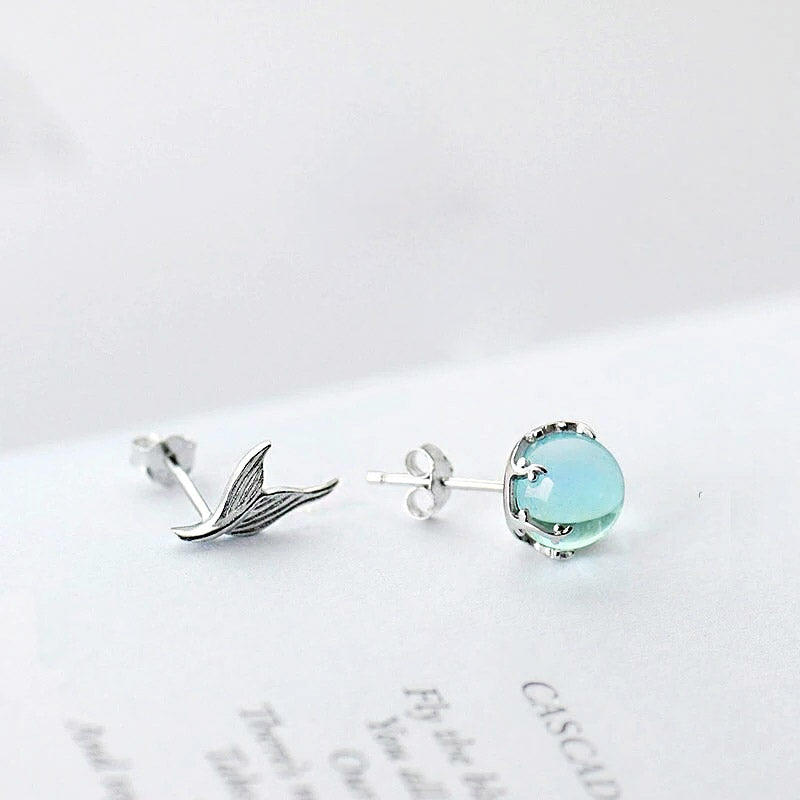 925 sterling silver asymmetrical moonstone mermaid fishtail stud earrings(5 pairs)