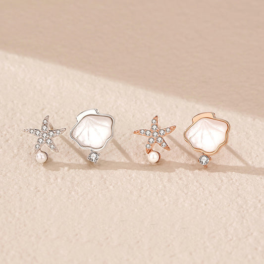 925 sterling silver simple shell starfish pearl asymmetrical stud earrings (5 pairs)