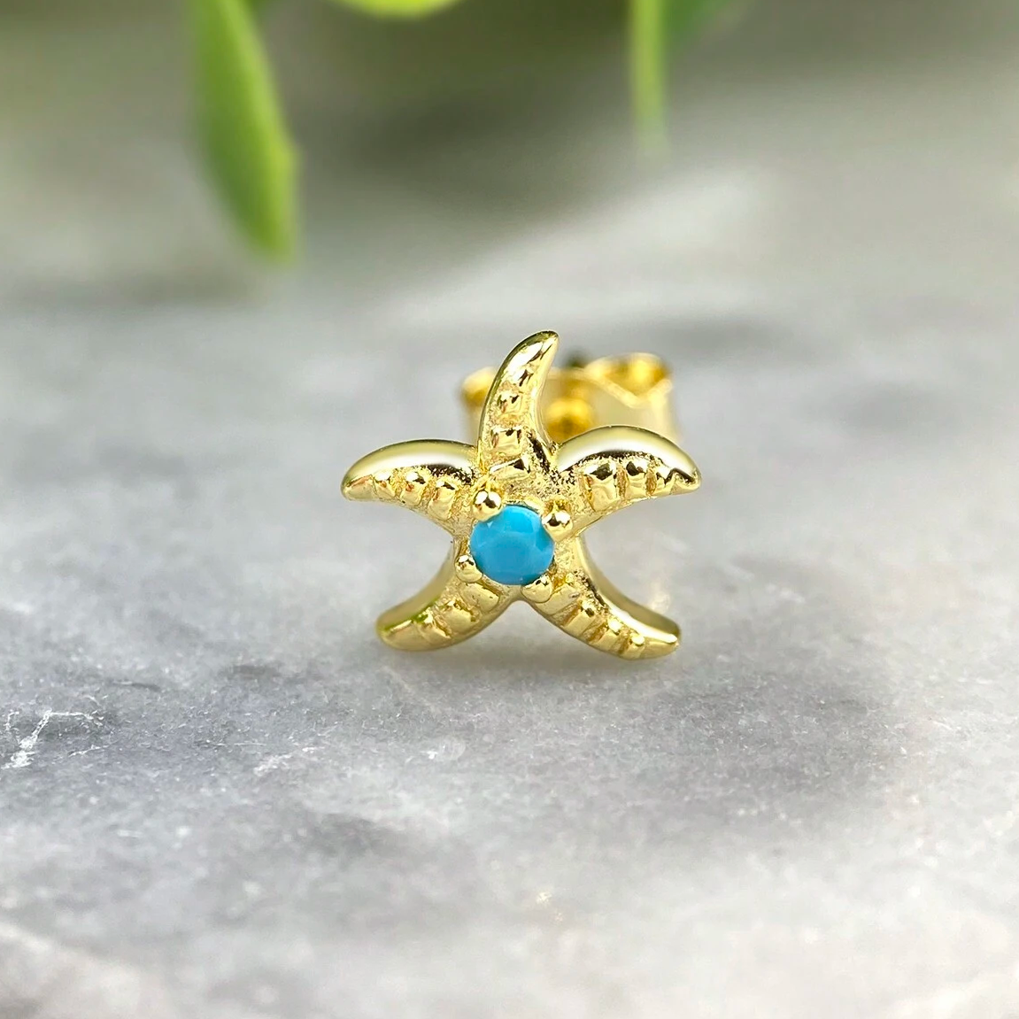 925 sterling silver gold blue turquoise starfish earrings (5 pcs)