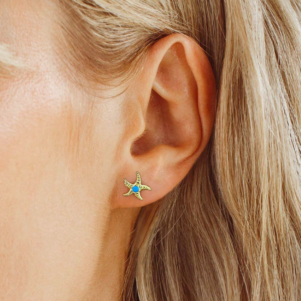925 sterling silver gold blue turquoise starfish earrings (5 pcs)