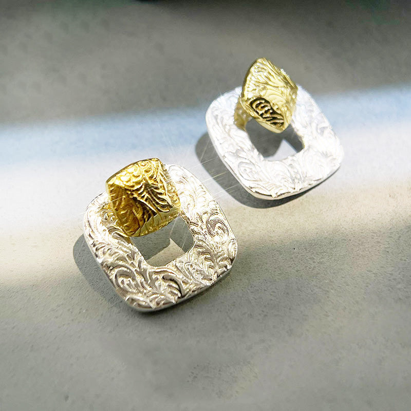 925 sterling silver two-tone geometric hollow square stud earrings (5 pairs)