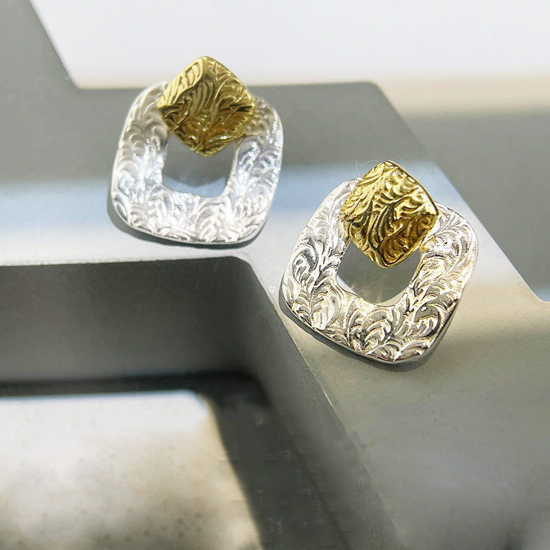 925 sterling silver two-tone geometric hollow square stud earrings (5 pairs)