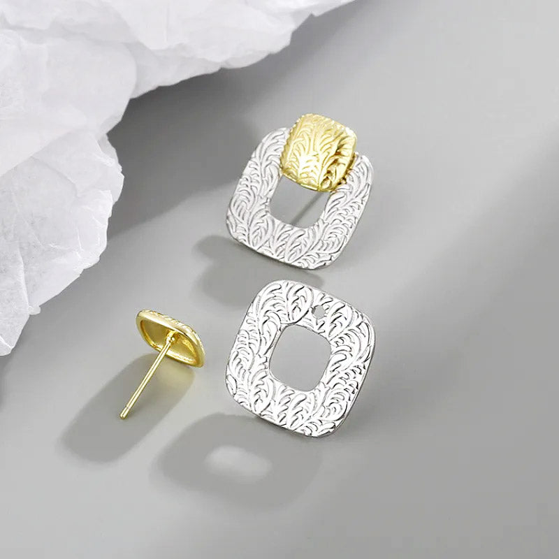 925 sterling silver two-tone geometric hollow square stud earrings (5 pairs)