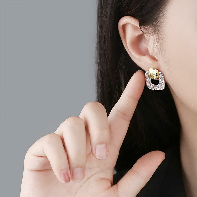 925 sterling silver two-tone geometric hollow square stud earrings (5 pairs)