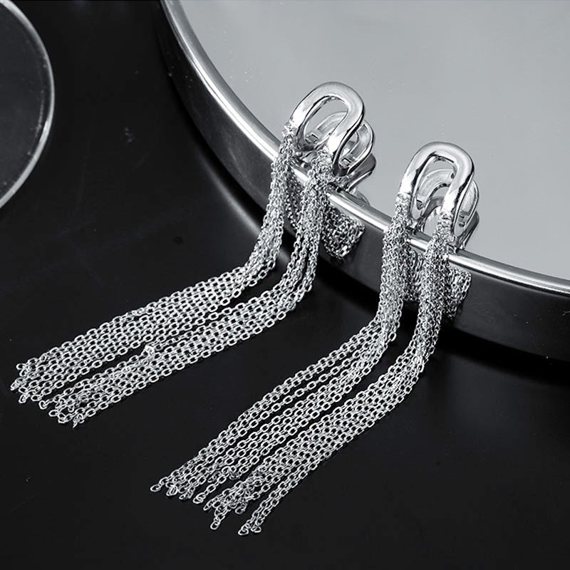 S925 sterling silver short and long chain tassel glossy U-shaped ear clasp earrings (5 pairs)