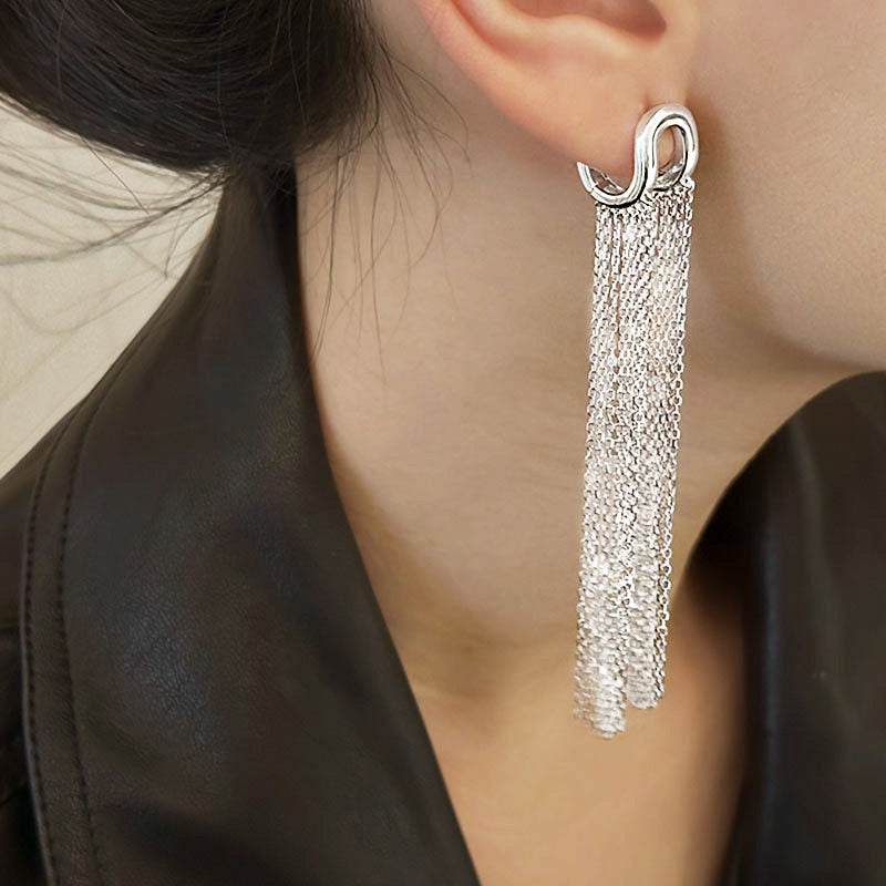 S925 sterling silver short and long chain tassel glossy U-shaped ear clasp earrings (5 pairs)