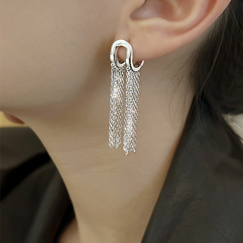 S925 sterling silver short and long chain tassel glossy U-shaped ear clasp earrings (5 pairs)