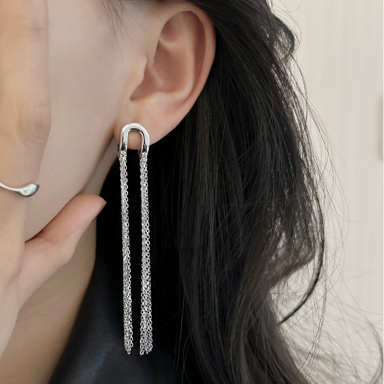 S925 sterling silver short and long chain tassel glossy U-shaped ear clasp earrings (5 pairs)