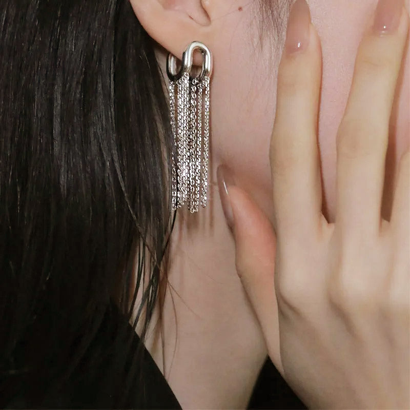 S925 sterling silver short and long chain tassel glossy U-shaped ear clasp earrings (5 pairs)
