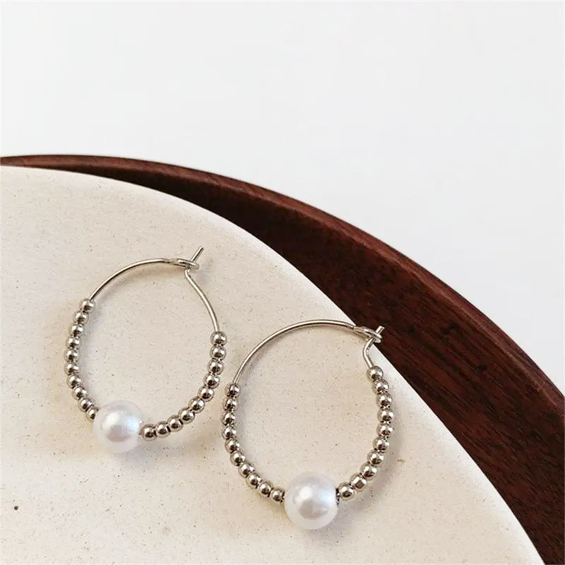 925 sterling silver pearl beads ear buckle hoop earrings (5 pairs)