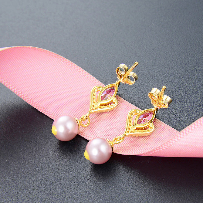 925 sterling silver purple crystal zircon with single pearl drop earrings (5 pairs)