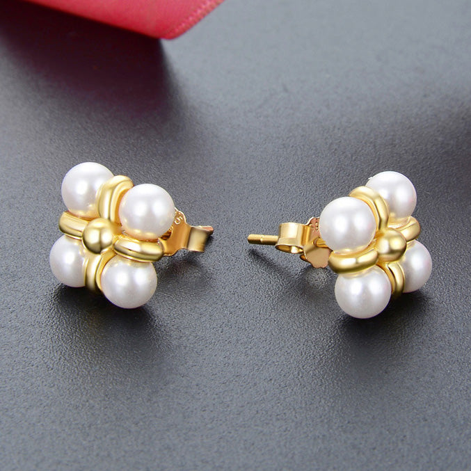 925 sterling silver gold plated 4 pearls stud earrings (5 pairs)