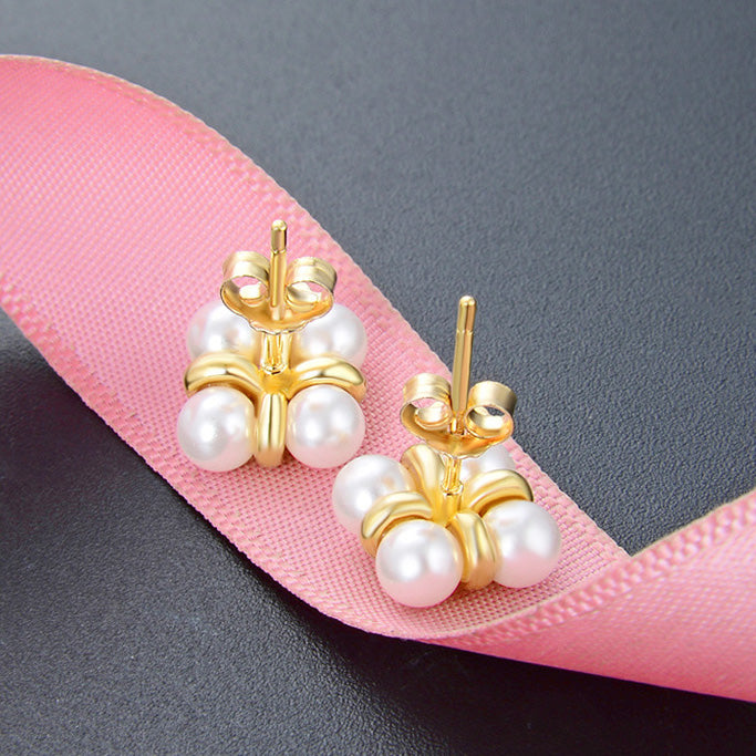 925 sterling silver gold plated 4 pearls stud earrings (5 pairs)