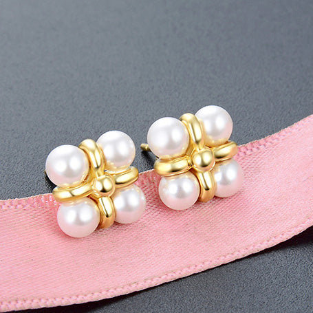 925 sterling silver gold plated 4 pearls stud earrings (5 pairs)