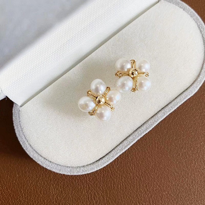 925 sterling silver gold plated 4 pearls stud earrings (5 pairs)
