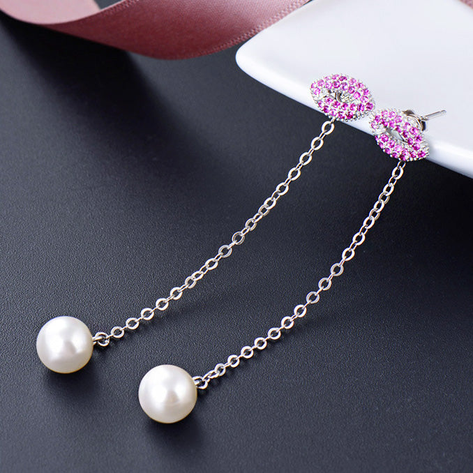 925 sterling silver long tassels chain pearl pink kiss lip stud earrings (5 pairs)