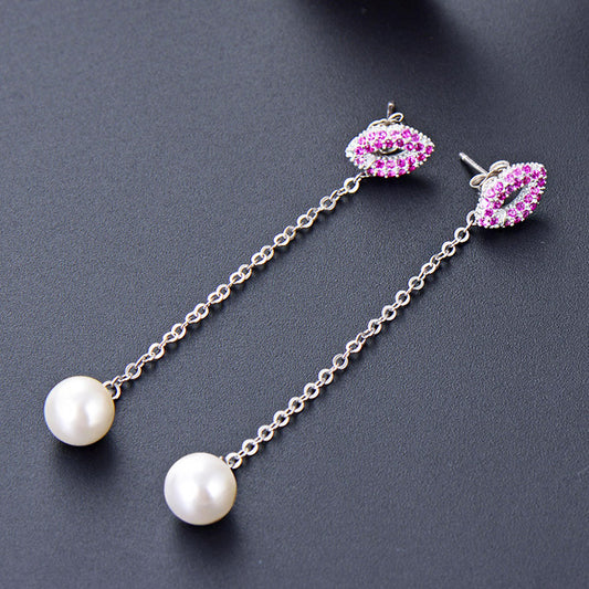 925 sterling silver long tassels chain pearl pink kiss lip stud earrings (5 pairs)