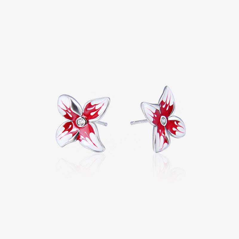 925 sterling silver red green enamel 3D flower stud earrings (5 pairs)
