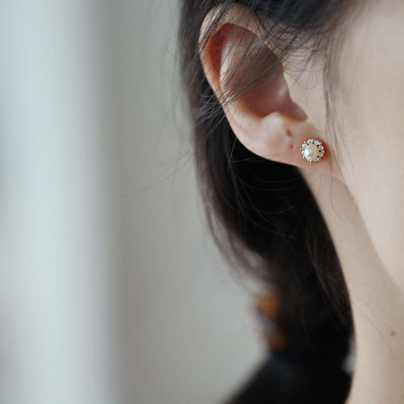 925 sterling silver dainty french simple zircon pearl stud earrings (5 pairs)