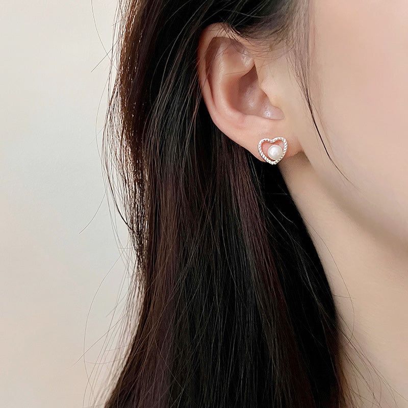 925 sterling silver hollow heart pearl stud earrings (5 pairs)