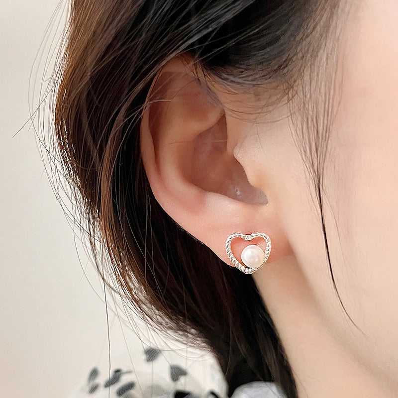 925 sterling silver hollow heart pearl stud earrings (5 pairs)