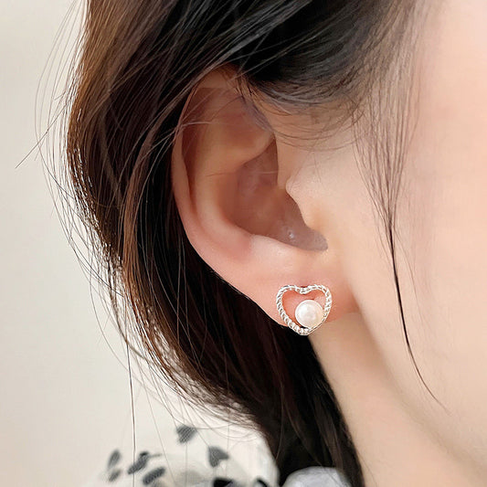 925 sterling silver hollow heart pearl stud earrings (5 pairs)