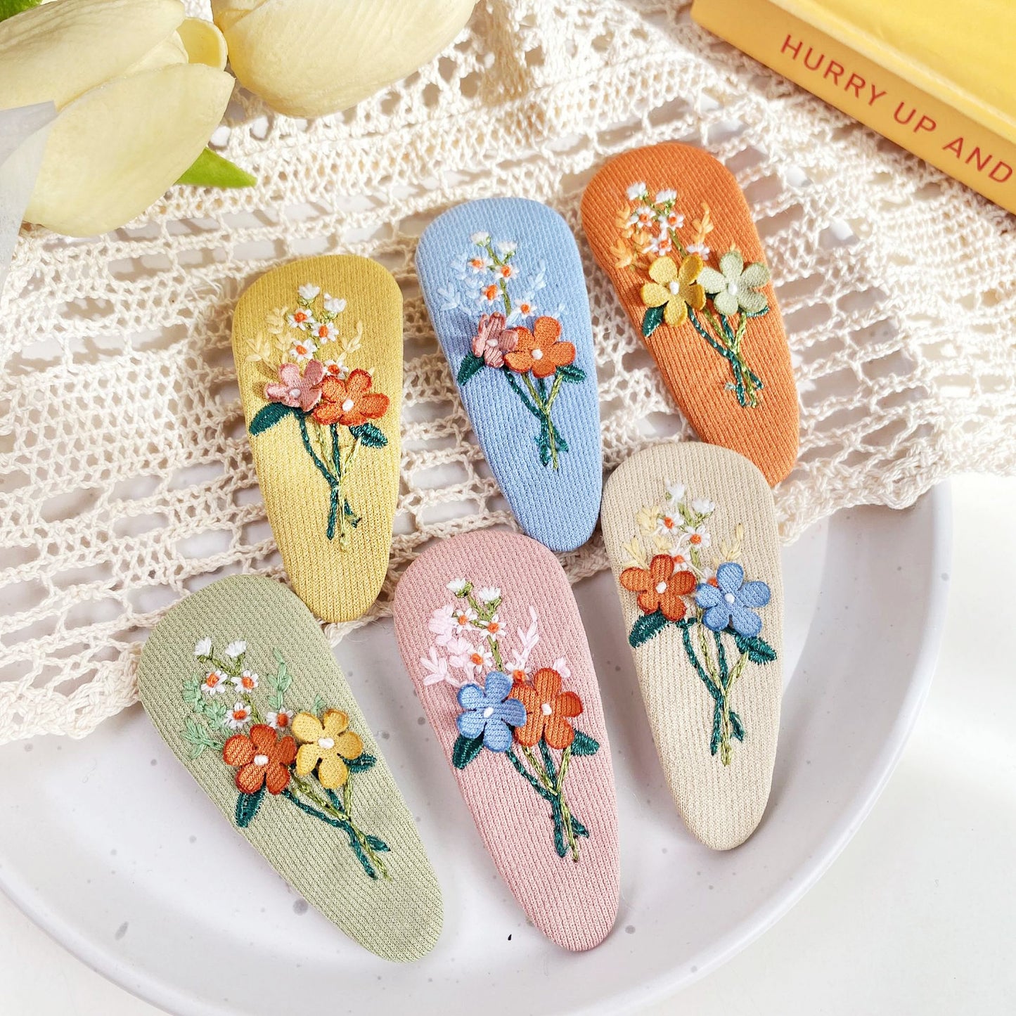 2pcs/pack Girls hair accessories fabric embroidered floral flower hair snap clips (5 Sets)