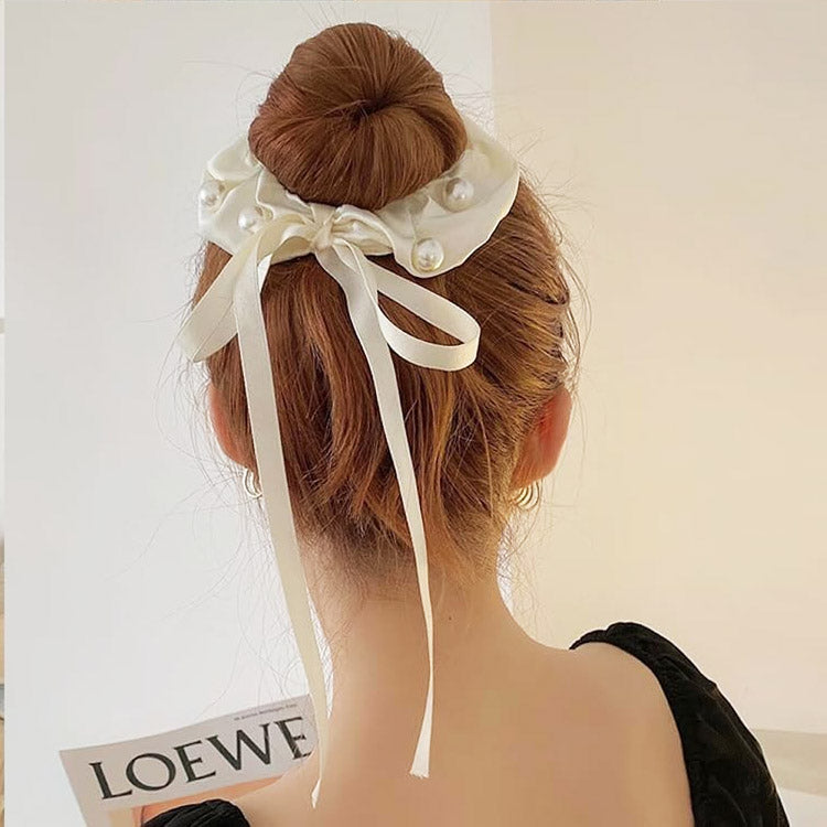 Vintage retro style ribbon pearl hair tie scrunchies bands (5 pcs)