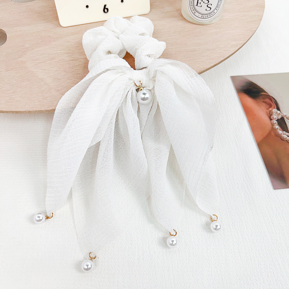 Trendy Japanese ruffles pearl ribbon hair tie scrunchies (5 pcs)