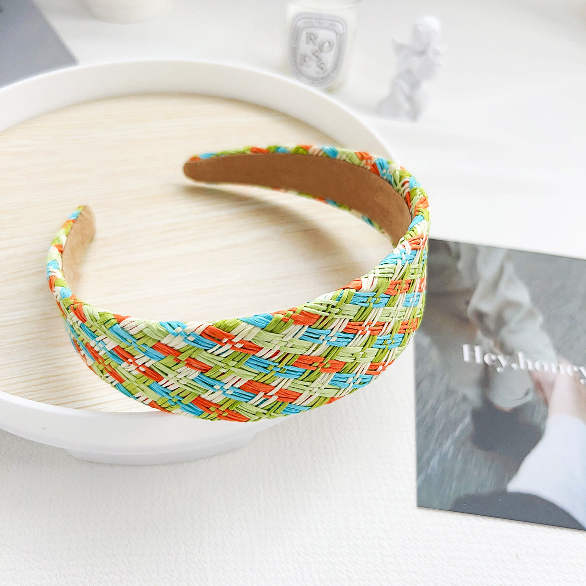 Hair accessories multicolor hand-woven raffia braided headbands (5 pcs)