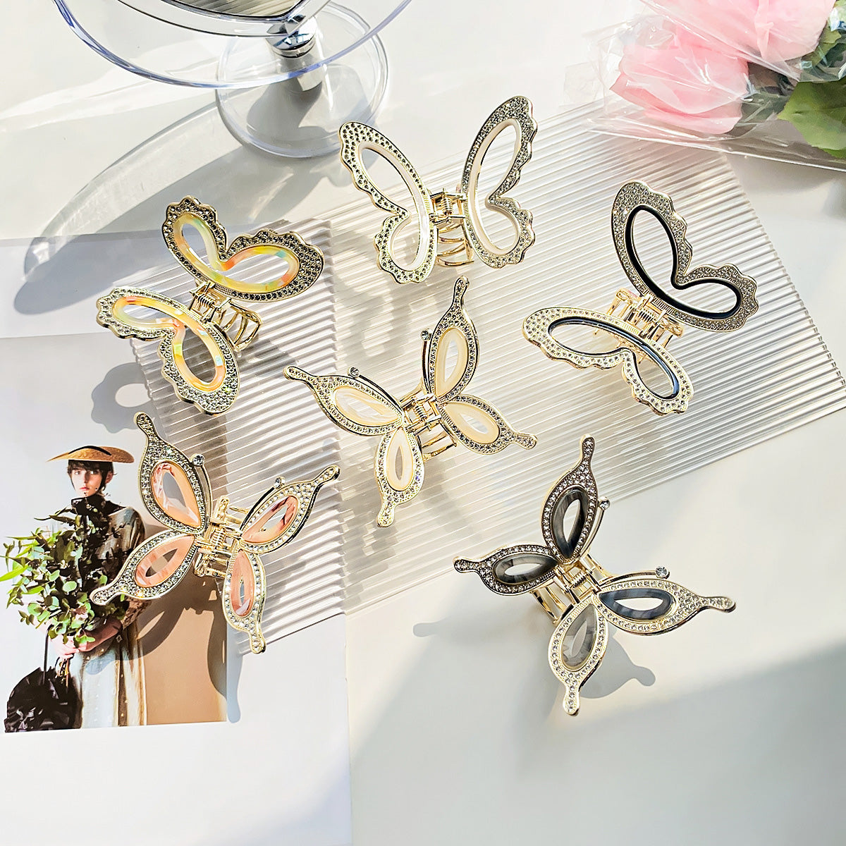 Fashion metal rhinestones hollowed out butterfly hair claw clips (5 pcs)
