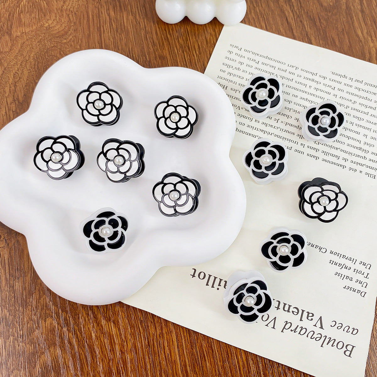 Plastic hairgrip small mini camellia flower acrylic pearl hair clips (5 pcs)