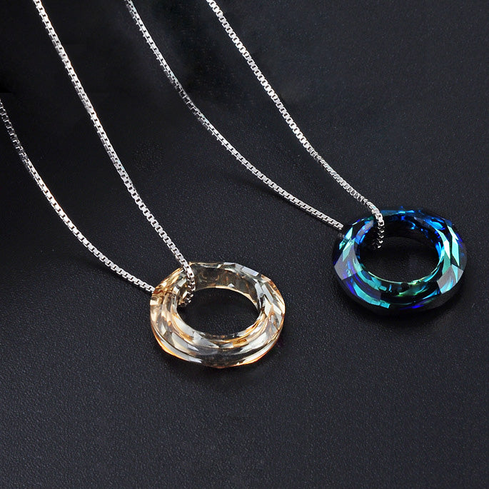 crystal circle ring pendant 925 sterling silver box chain necklaces Set of 5