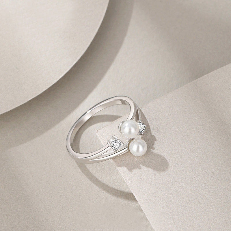 925 sterling silver double pearl with cz open ring Set of 5