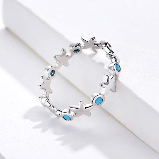 925 sterling silver ocean blue zircon starfish band ring Set of 5