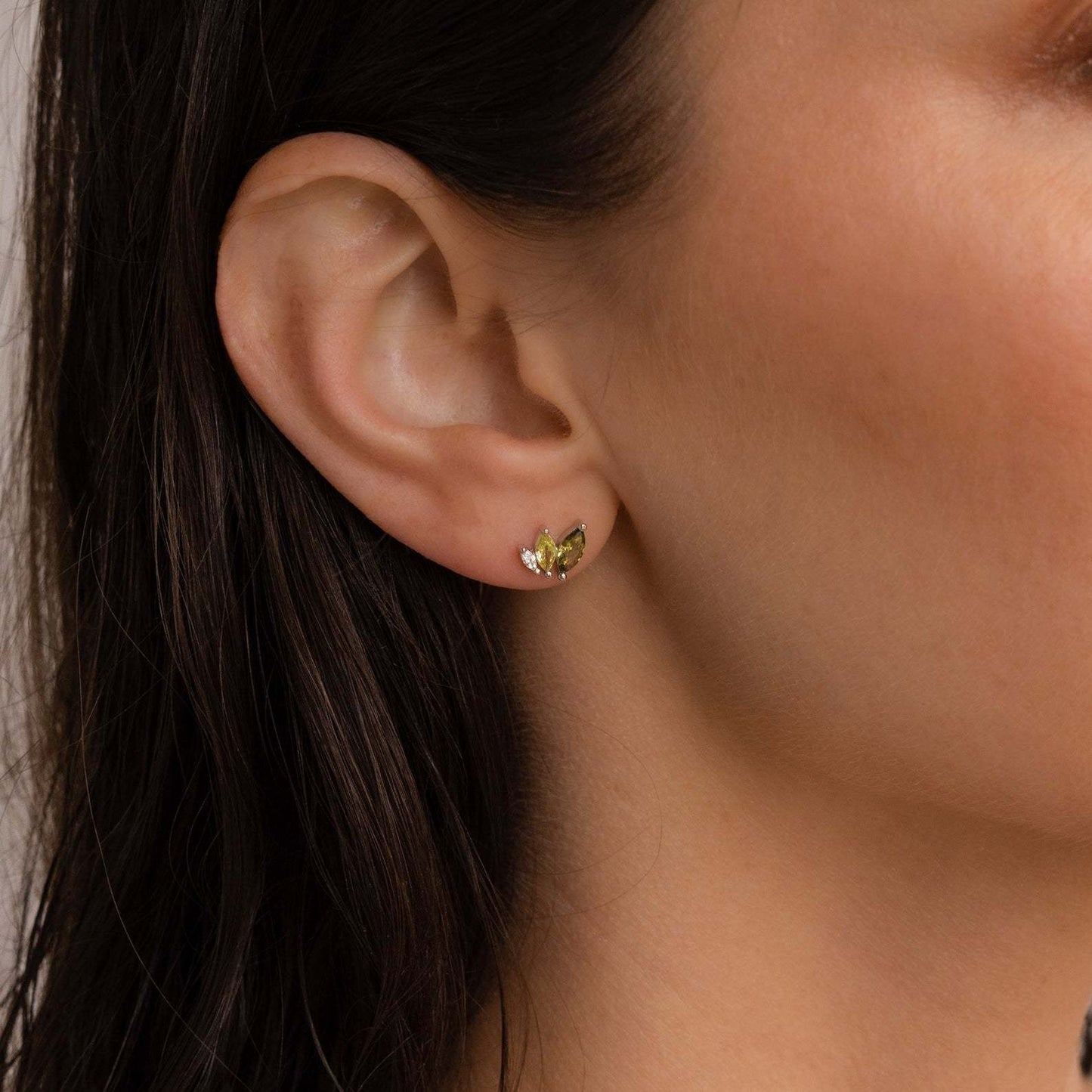 925 silver green marquise cut stud earrings with gold finish, a fresh choice for summer beach jewelry styling