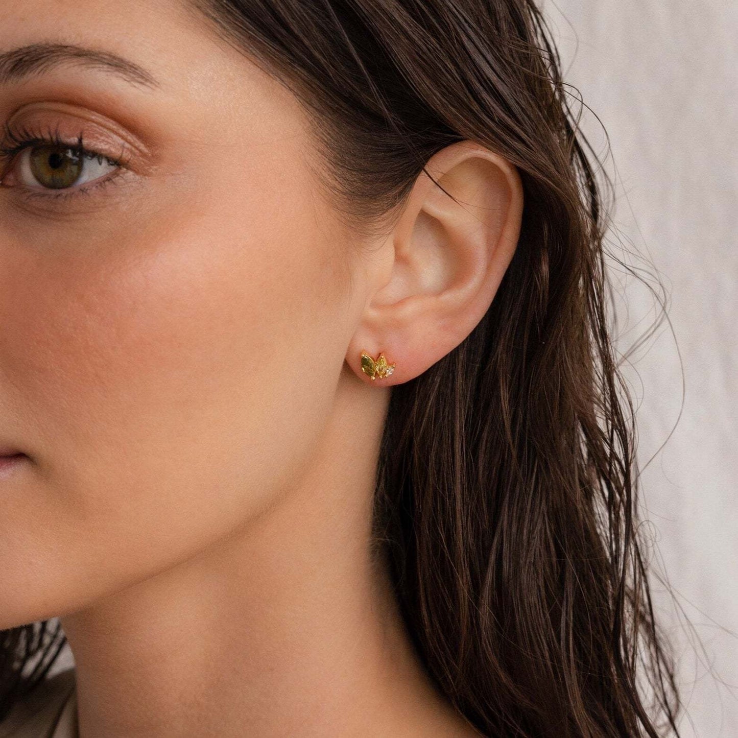 Minimalist marquise CZ earrings with a gold setting, ideal for vacations and summer beach jewelry lovers