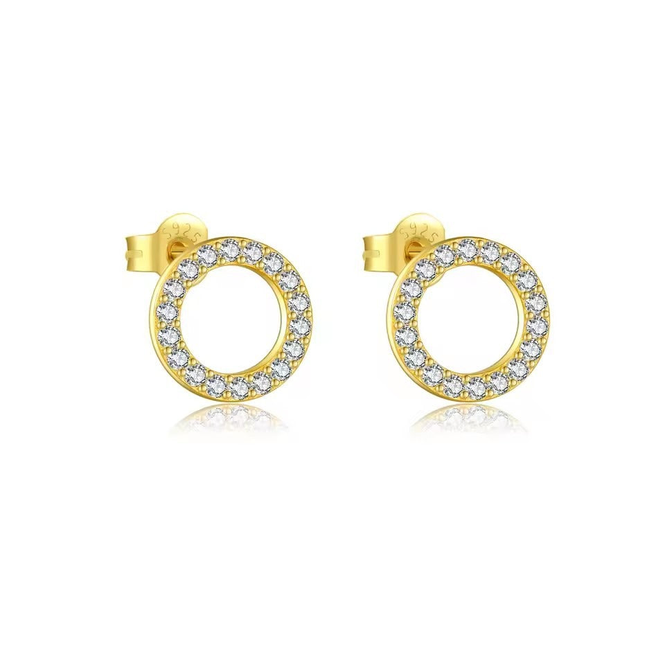 S925 gold plated round stud earrings fully encrusted with cubic zirconia, displayed on a white jewelry tray for an elegant look